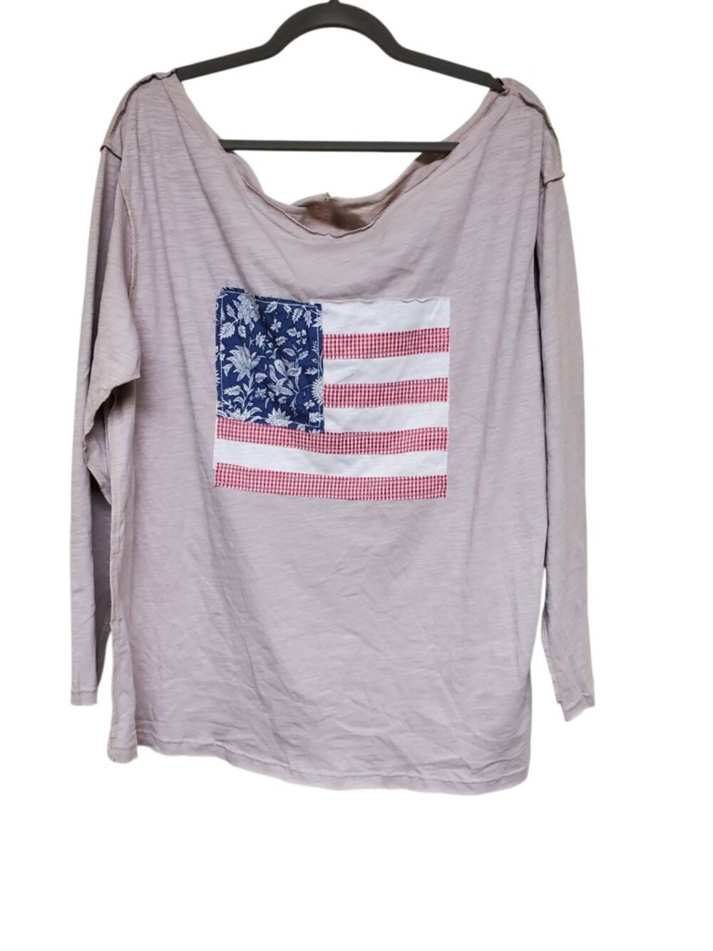 Shein Women's Taupe Long Sleeve Patchwork Flag Raw Hem Boho Americana Top NWT M